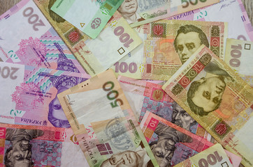 Ukrainian money, background. View from above.