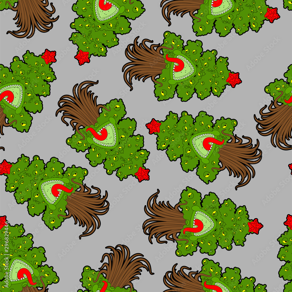 Poster christmas tree monster pattern seamless. fir mutant background . angry xmas and new year vector text