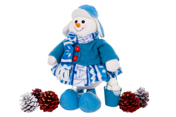 Snowman with bucket full of snow balls and colourful cones