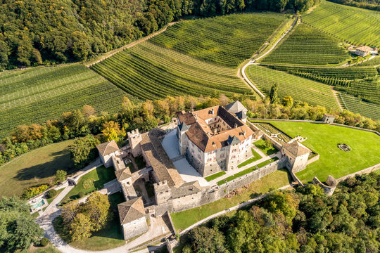 Aerial View of Castel Thun, gothic, medieval castle, province of Trento, Italy