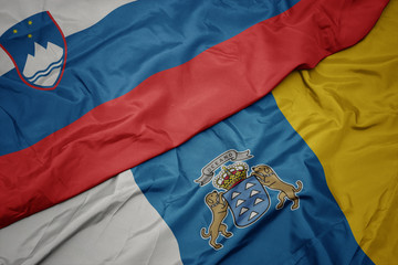 waving colorful flag of canary islands and national flag of slovenia.