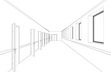 long corridor with doors, contour visualization, 3D illustration, sketch, outline