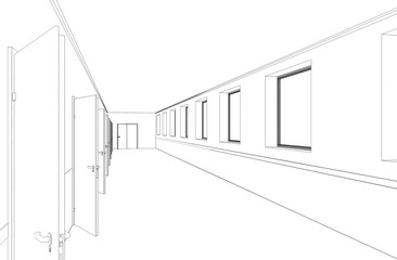 long corridor with doors, contour visualization, 3D illustration, sketch, outline