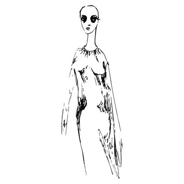 recommend clip art: Ghost lady. Black and white silhouette. Hand drawn linear ink sketch. Standing young woman in night gown.