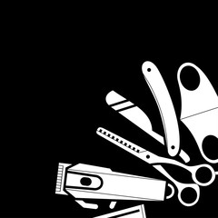 barber shop. tools for male hairdresser - black and white illustration, square shape, place for text