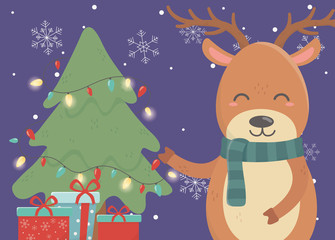 reindeer tree with lights and gifts merry christmas card