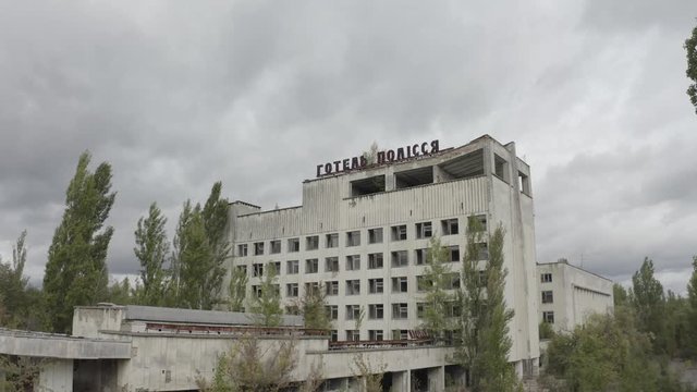 Hitting a camera at the Polesie hotel through the trees in the city of Pripyat