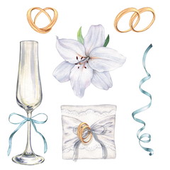 1. Wedding set with lilies, glasses and rings. Isolated on white background. Perfect for greeting cards and invitations. Watercolor illustration. Hand drawing