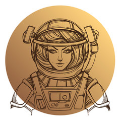 Girl in a spacesuit for t-shirt design or print. Woman astronaut. Cosmic Beauty. Martian, alien outline illustration on a beige background of the circle.