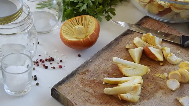 Cooking Amanita caesarea (known as Caesar's mushroom). Highly regarded edible mushroom 