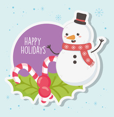 cute snowman with scarf and candy canes merry christmas