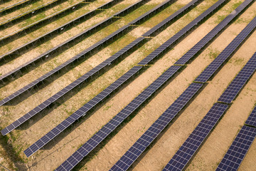 Aerial view of solar power plant. Electric panels for producing clean ecologic energy.