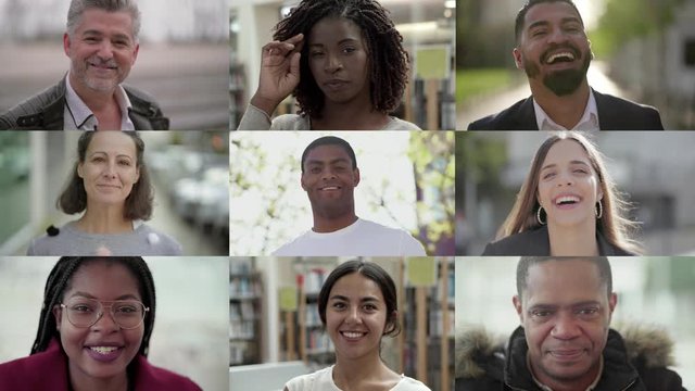 Front view of calm smiling people looking at camera. Multiscreen montage, split screen collage. Ethnicity variation concept