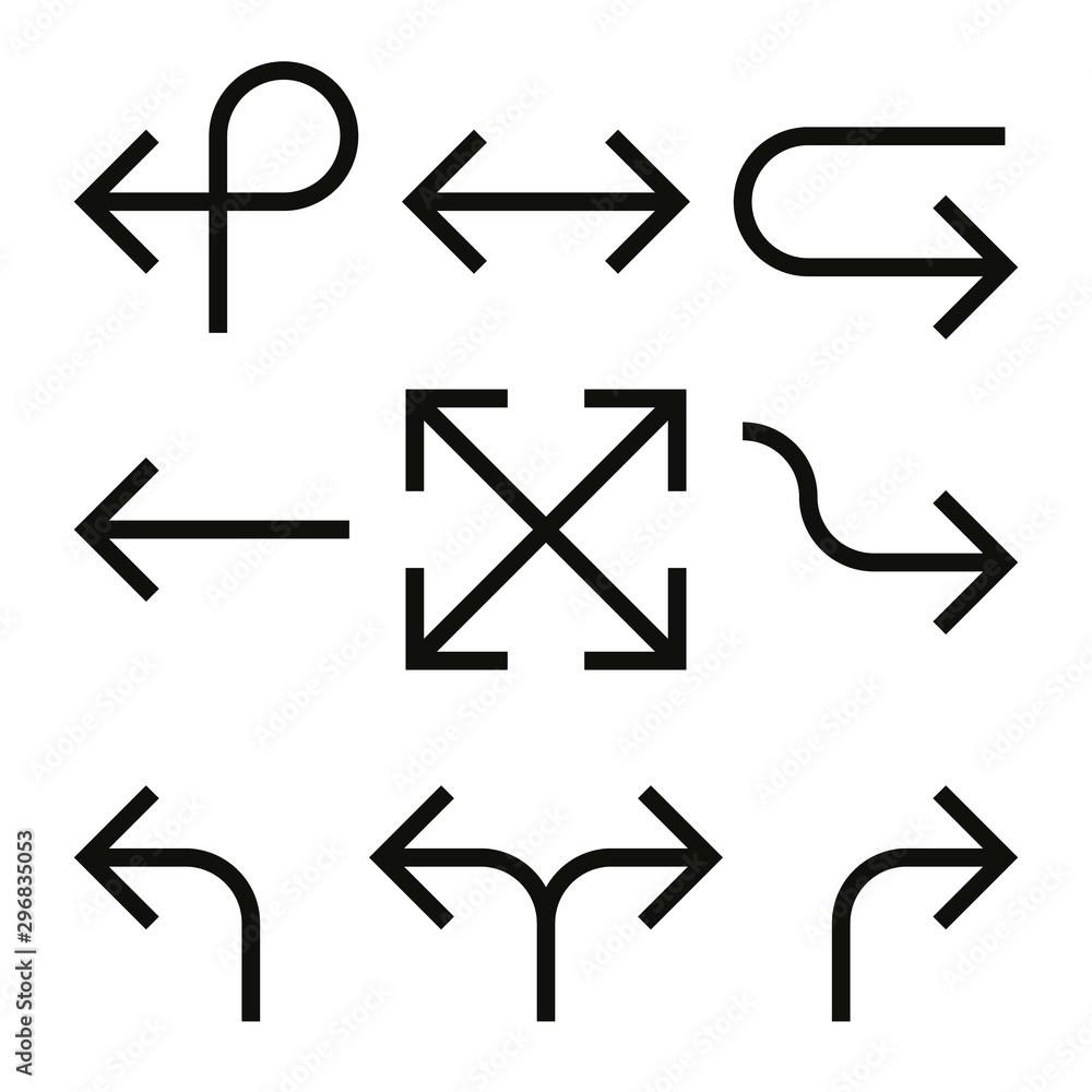 Poster set of arrows. simple thin black line arrow design. flat vector icons