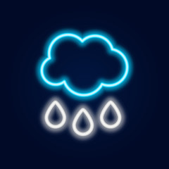 Glowing neon rainy weather icon. Rain symbol with cloud in neon style to weather forecast in mobile application.