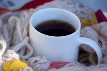 A cup of hot coffee and a warm knitted scarf and bright leaves.