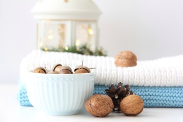 acorns in a bowl and knitted scarves on a white table