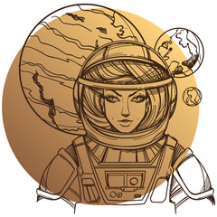 Girl in a spacesuit for t-shirt design or print. Woman astronaut. Cosmic Beauty. Martian, alien outline illustration on a beige background of the circle. © filkusto