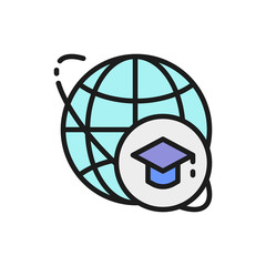 Graduation cap and world, global education flat color line icon.