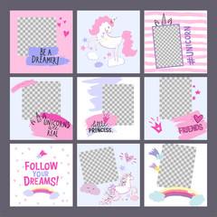 9 editable layout templates for social media, mobile apps, banner or flyer design. Social media pack for girls with unicorn