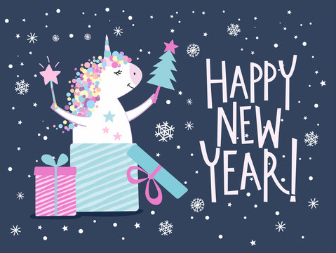 New Year greeting card. Cute happy unicorn with christmas tree and presens boxes