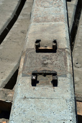 Concrete casting and assembly. New concrete railway ties stored for reconstruction of old railway