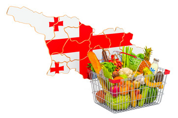Purchasing power and market basket in Georgia concept. Shopping basket with Georgian map, 3D rendering
