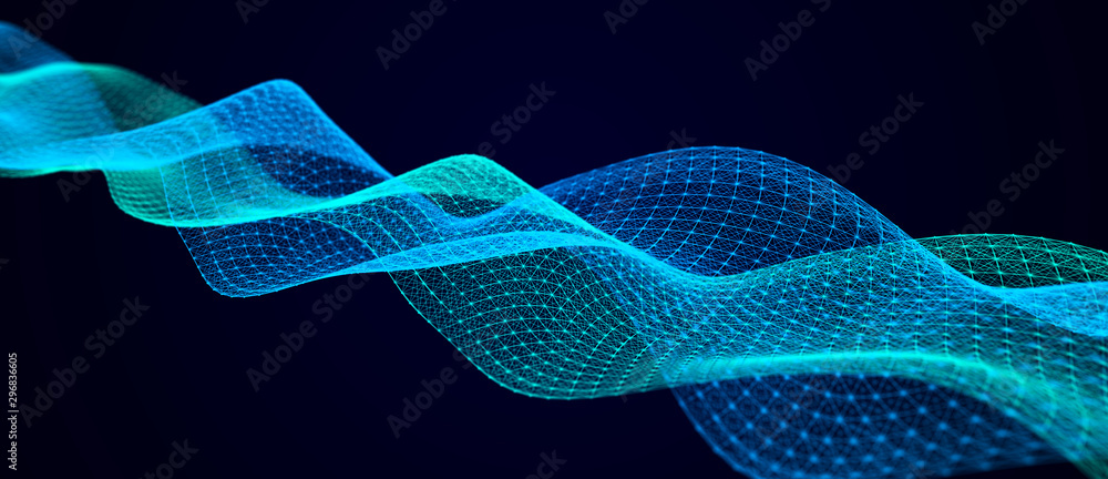 Leinwandbilder Wave of musical sounds. Abstract background with interweaving of dots and lines. 3D rendering.