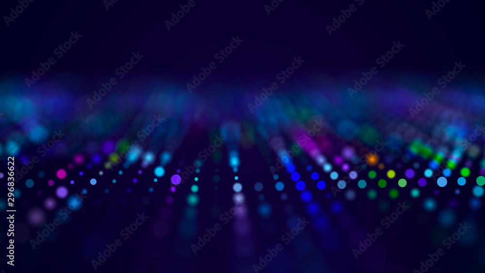Poster Wave of musical sounds. Abstract background with interweaving of dots and lines. 3D rendering.