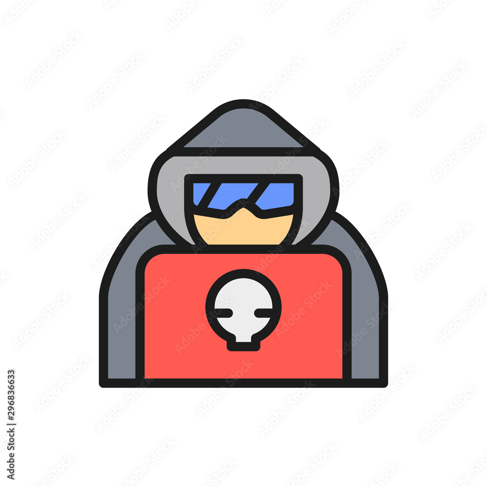 Poster computer hacker with laptop, spy agent flat color line icon.