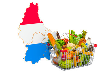 Purchasing power and market basket in Luxembourg concept. Shopping basket with Luxembourgish map, 3D rendering