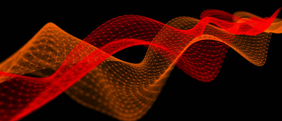 Wave of musical sounds. Abstract background with interweaving of dots and lines. 3D rendering.