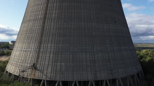 General view of a tower taken by a drone closeup in the city of Pripyat