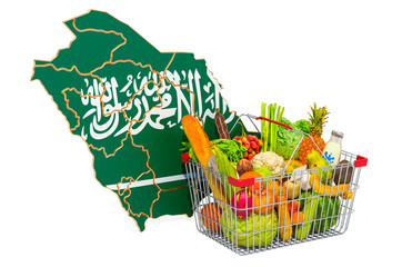 Purchasing power and market basket in Saudi Arabia concept. Shopping basket with Saudi Arabian map, 3D rendering