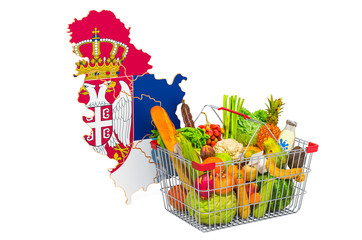 Purchasing power and market basket in Serbia concept. Shopping basket with Serbian map, 3D rendering