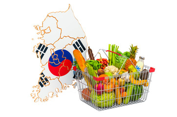 Purchasing power and market basket in South Korea concept. Shopping basket with South Korean map, 3D rendering