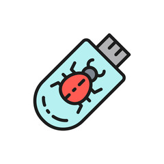 Trojan virus on usb flash drive flat color line icon.