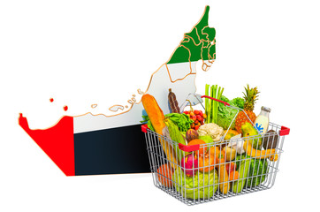 Purchasing power and market basket in the United Arab Emirates concept. Shopping basket with the UAE map, 3D rendering