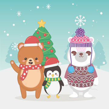 cute polar bear teddy and penguin tree snowflakes merry christmas