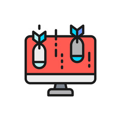 Computer with bomb, virus flat color line icon.