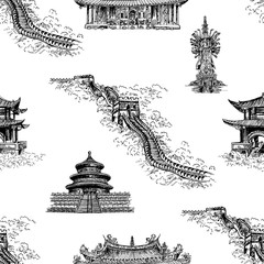 Seamless pattern of hand drawn sketch style China related objects isolated on white background. Vector illustration.