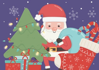santa with bag tree gifts and sock merry christmas card