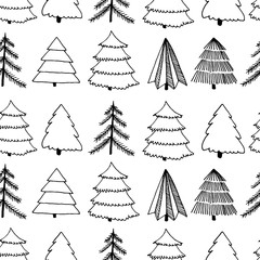 Black and white seamless surface pattern with hand-drawn ink sketch of Christmas and New Year tree. Vector illustration