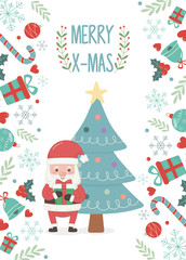 santa claus and tree decoration merry christmas card