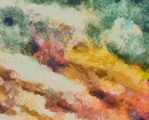 Obraz na płótnie Canvas Detailed close-up grunge clouds abstract background. Dry brush strokes hand drawn oil painting on canvas texture. Creative simple pattern for graphic work, web design or wallpaper. Chaotic splashes.