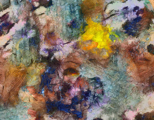 Detailed close-up grunge clouds abstract background. Dry brush strokes hand drawn oil painting on canvas texture. Creative simple pattern for graphic work, web design or wallpaper. Chaotic splashes.