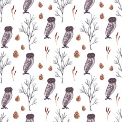 Watercolor background picture with forest animals of winter forest