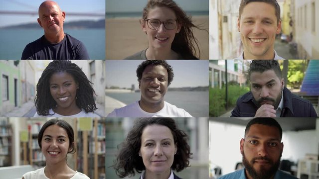 Front view of cheerful confident people posing. Multiscreen montage, split screen collage. Ethnicity variation concept