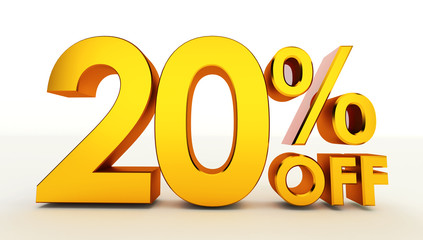 3D rendering of a golden twenty percent on a white background. Sale of special offers. Discount with the price is 20%.