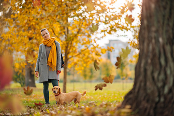 Woman with dog standing under the tree at the park in autumn